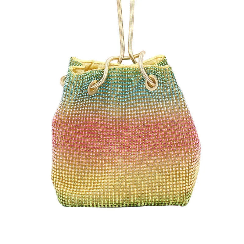Soft rhinestone bucket bag with sparkling fabric texture in a selected colour