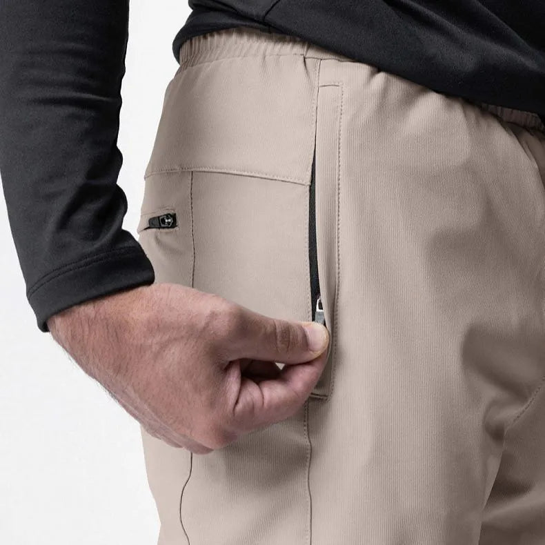Men's grey quick-dry fitness pants with ankle ties in loose casual style