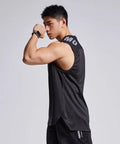 Men's black mesh sports vest with loose fit straight hem design for fitness activities