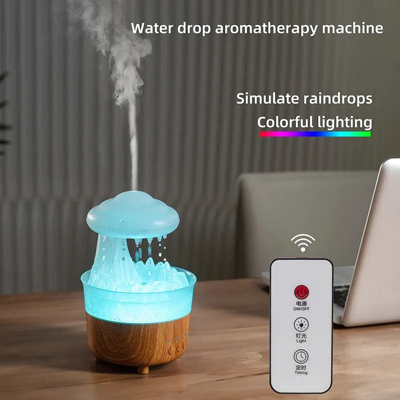 Wood grain white cloud-shaped humidifier with coloured LED lights and gentle mist emission