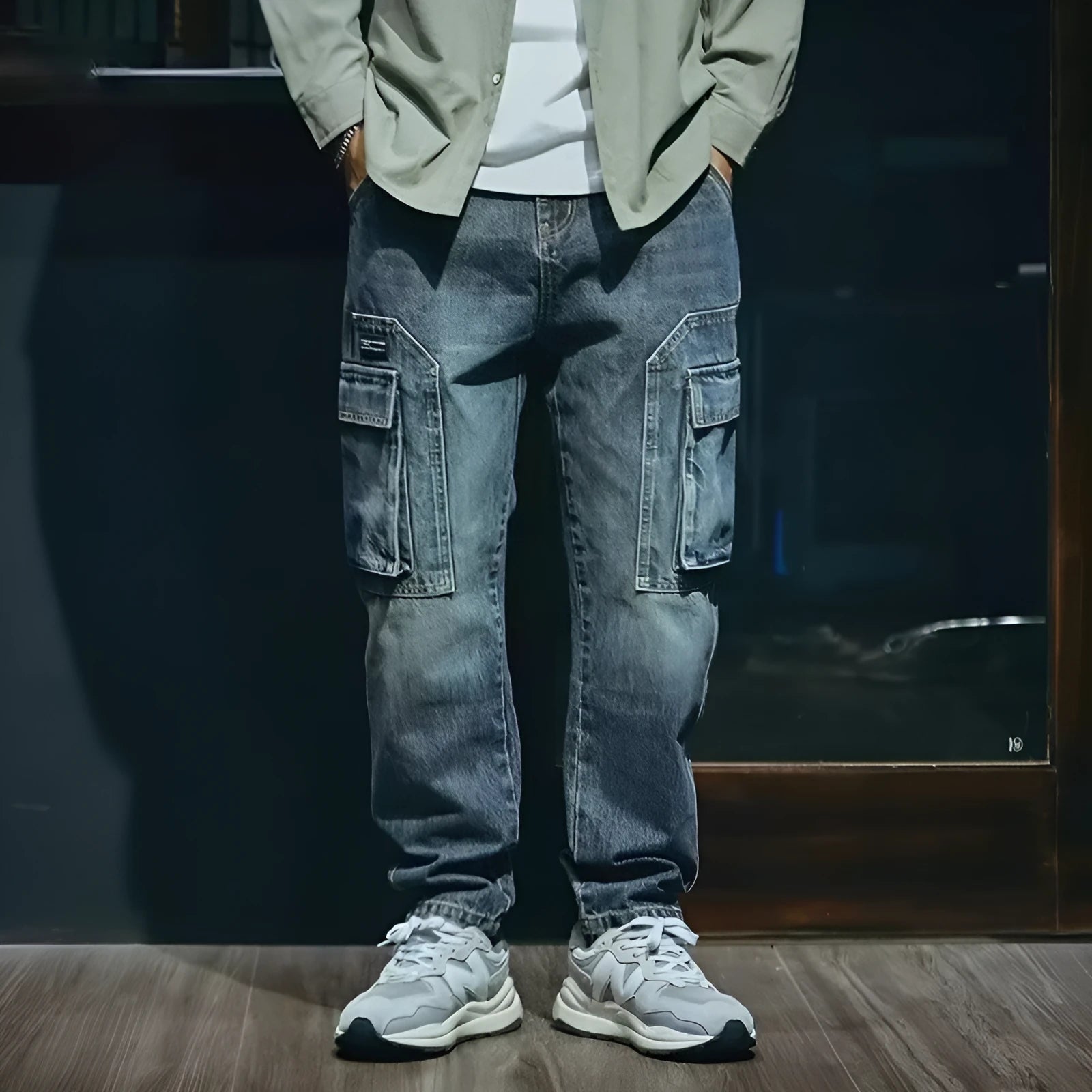 Men's blue loose straight retro style polyester denim trousers on a neutral background.