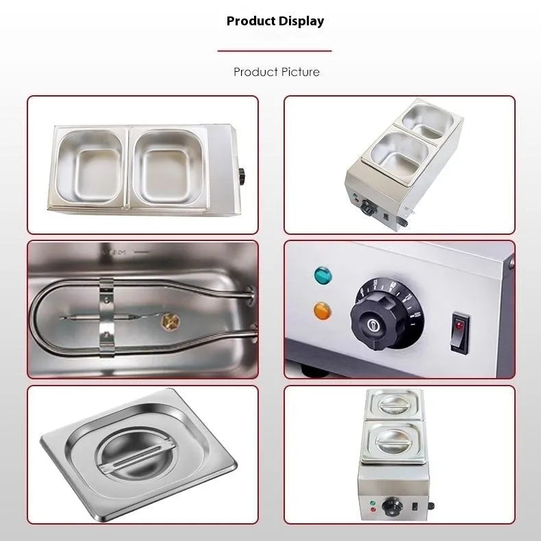 Commercial electric double pot chocolate melting machine with digital temperature display.