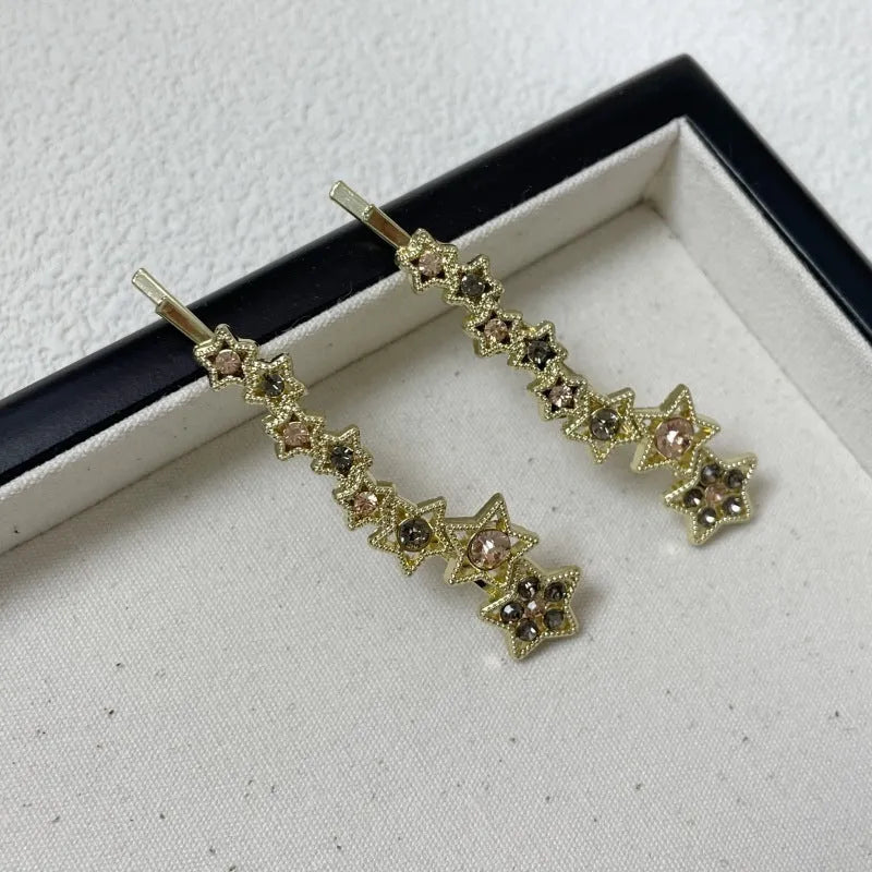 Gold Korean-style rhinestone barrette with broken clip design for bangs
