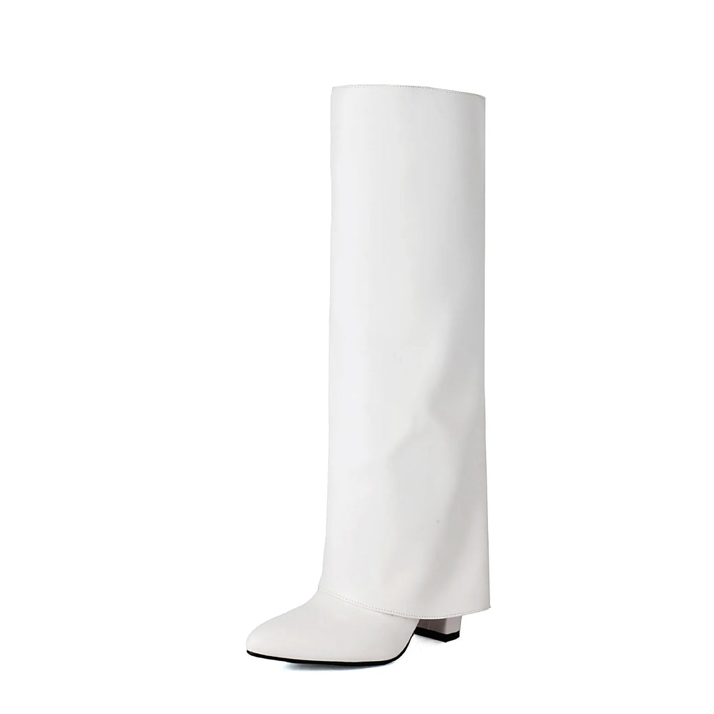 Women's plus size thick high heel knee-high boots in black, white or pink