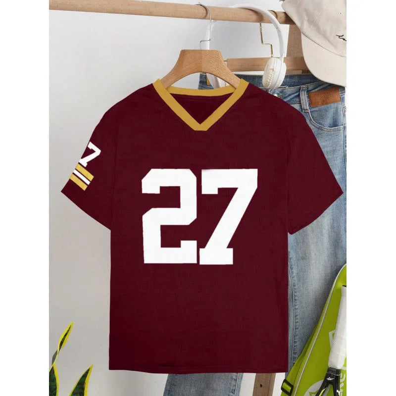 Red and green loose fit cotton T-shirt with digital printed letter pattern