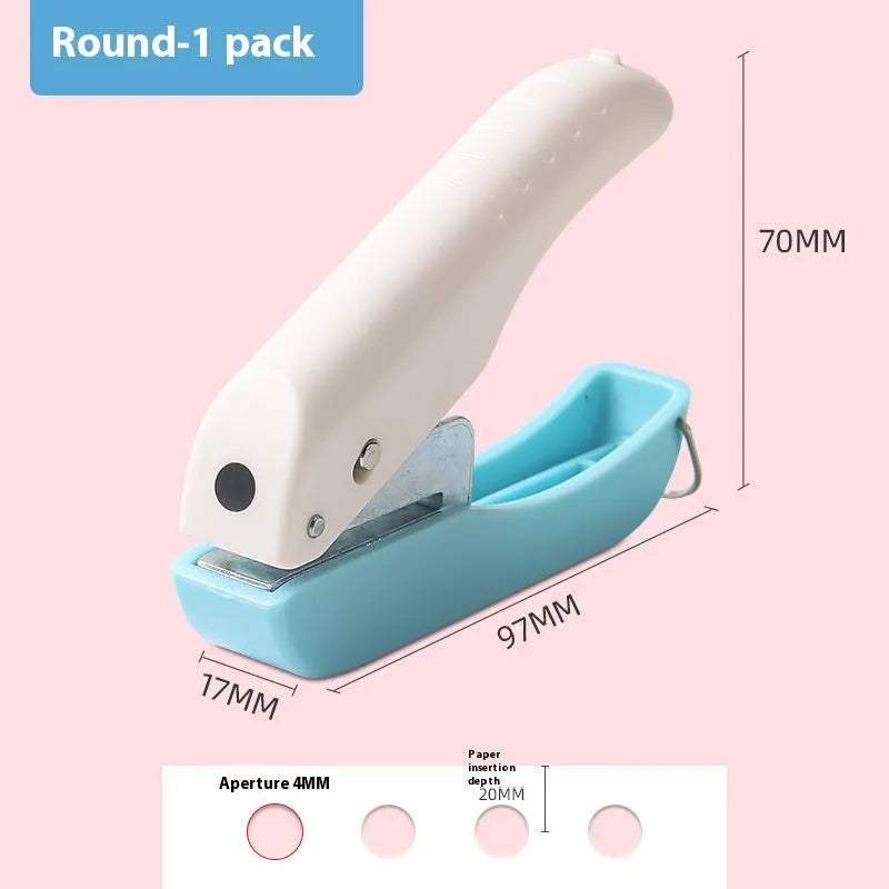 Small manual hand punch for embossing love, star, 4mm and 6mm round shapes on paper.