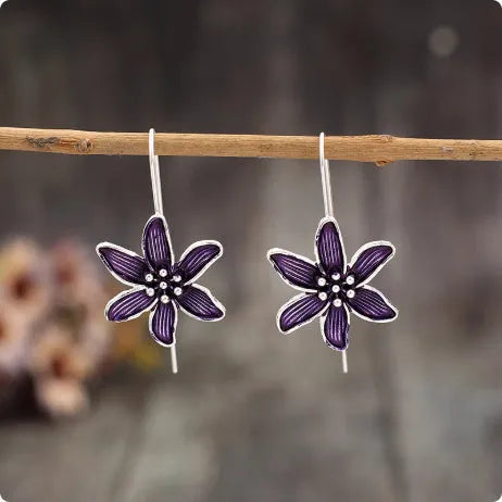 Purple floral alloy earrings with retro design and electroplated finish for women