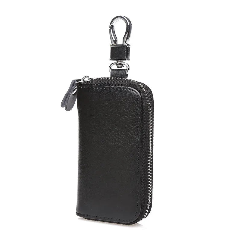 Men's handmade cow split leather zipper key case in solid colour with retro leather pattern