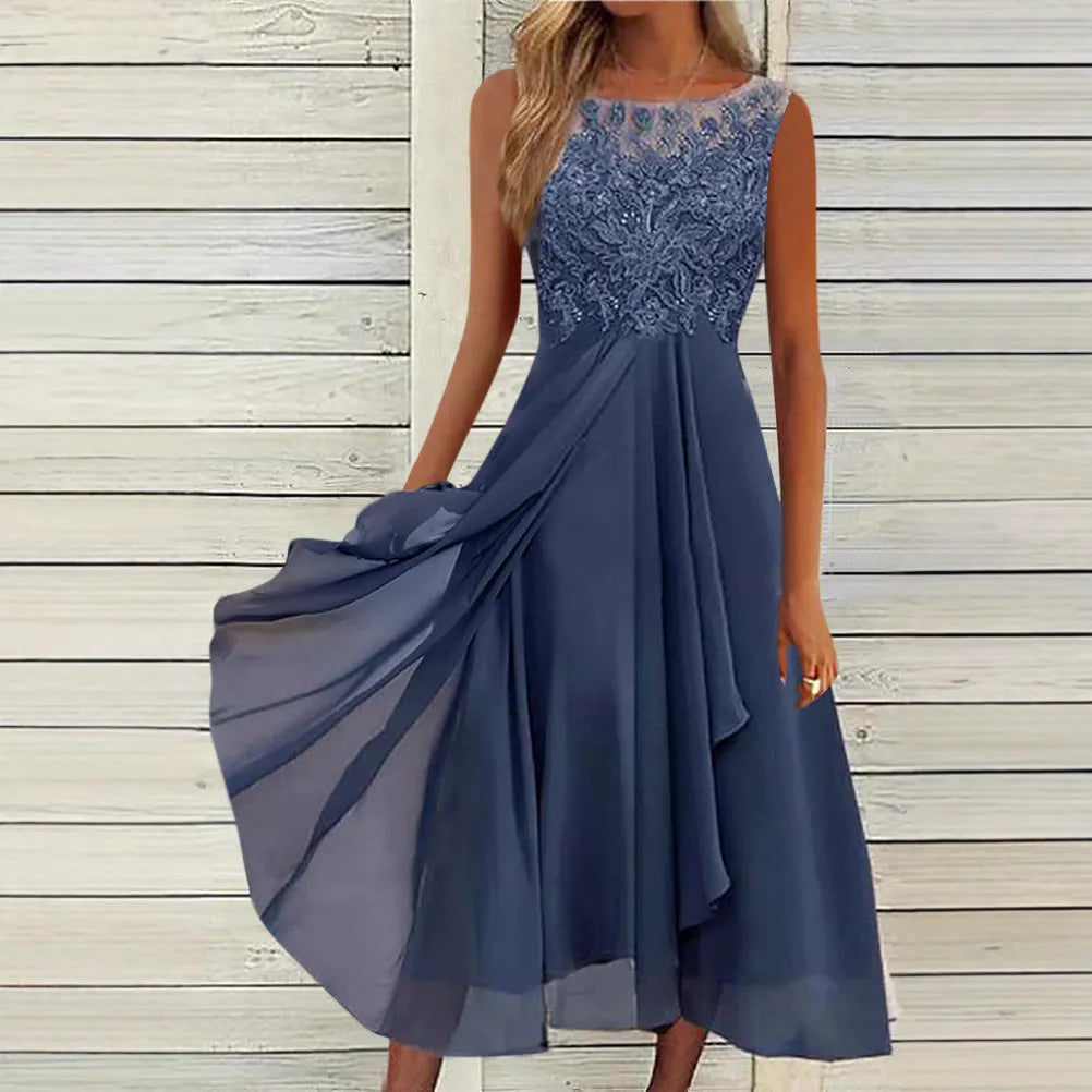Women's sleeveless chiffon dress with lace hollow-out stitching in green, shown in a princess-style mid-length cut.