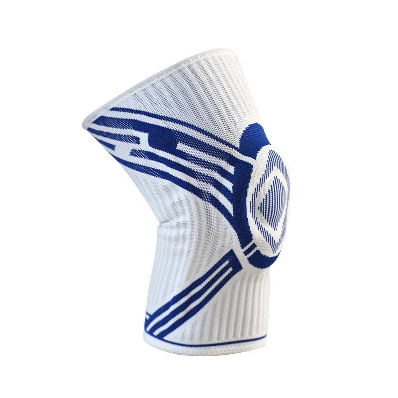A blue elastic cotton knee pad for adult sports protection, shown alongside grey and yellow colour options.