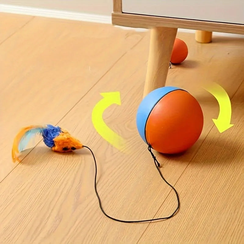 Blue and orange interactive cat toy ball with plush mouse attachment measuring 8.5*8.5*9 cm