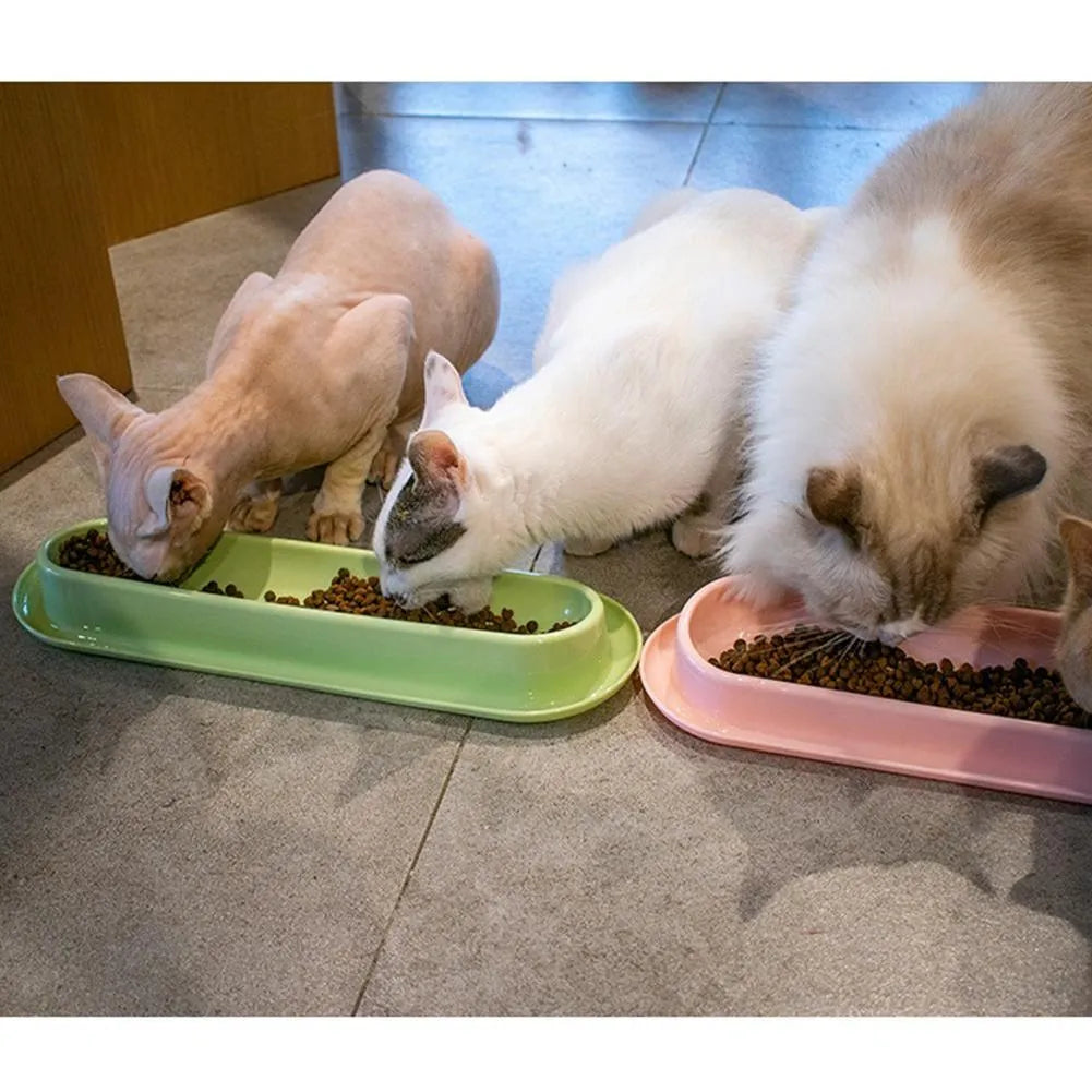Green, pink and yellow leakproof pet food and water bowls for dogs and cats.