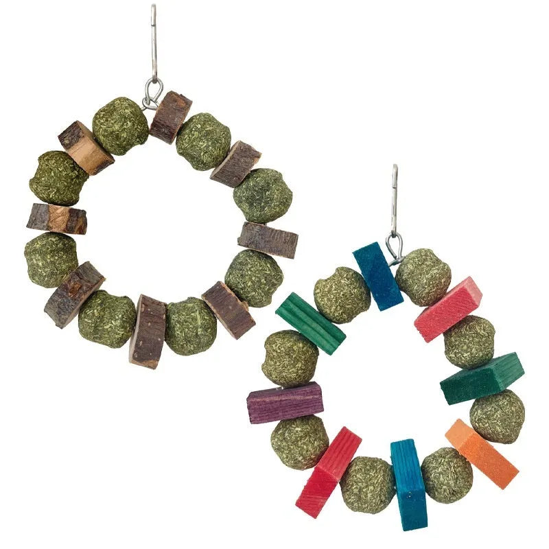 Hamster chew toy with Applewood molar rod and decorative straw ball ring for small pets