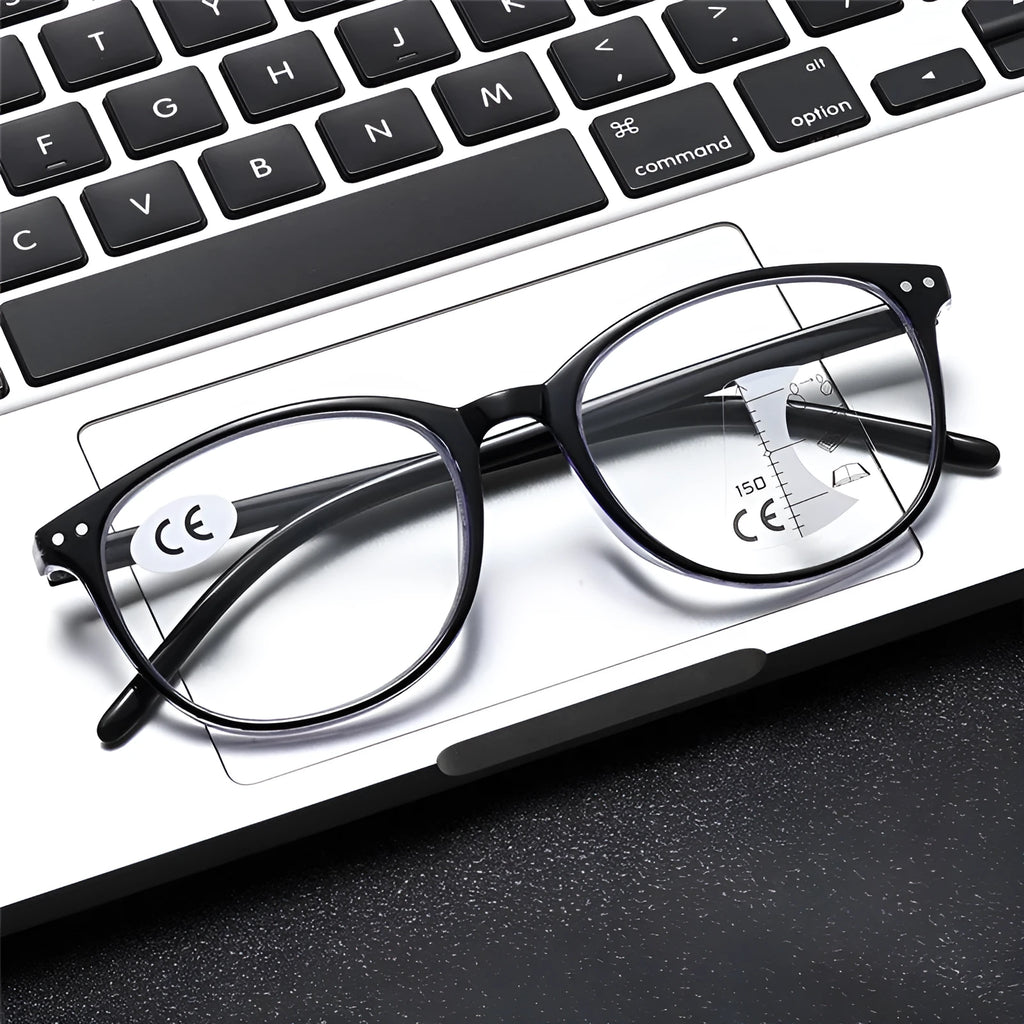 Ultra-light women's presbyopic glasses showing black focus and champagne box frame colours