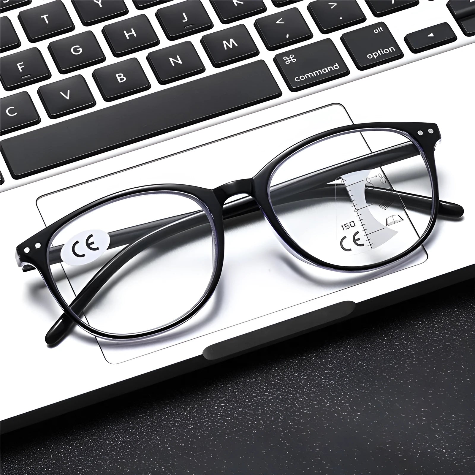 Ultra-light women's presbyopic glasses showing black focus and champagne box frame colours