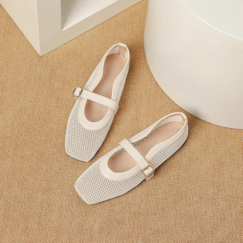 Women's beige mesh summer shoes with square toe, buckle closure, and low flat heel.