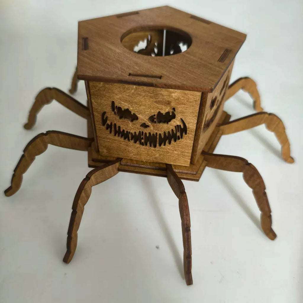 Wooden spider lantern Halloween candlestick decoration measuring 21cm by 8.5cm
