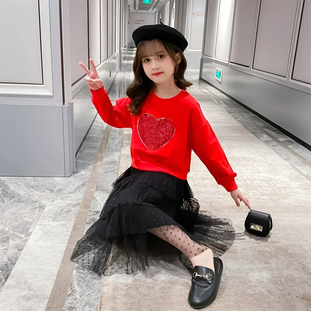 Girls sequin love pullover cotton two-piece skirt set in white and red sizes 110-160cm