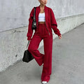 Women's casual suit set in loose fit, solid colour, polyester fabric, top and pants matching set