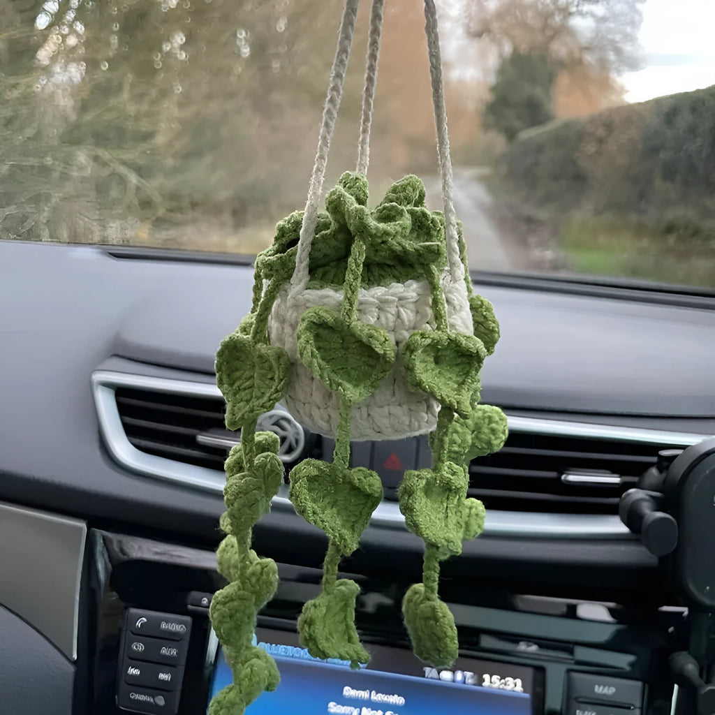 Green and white knitted car plant ornament with hanging rope for dashboard or mirror decoration