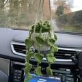 Green and white knitted car plant ornament with hanging rope for dashboard or mirror decoration