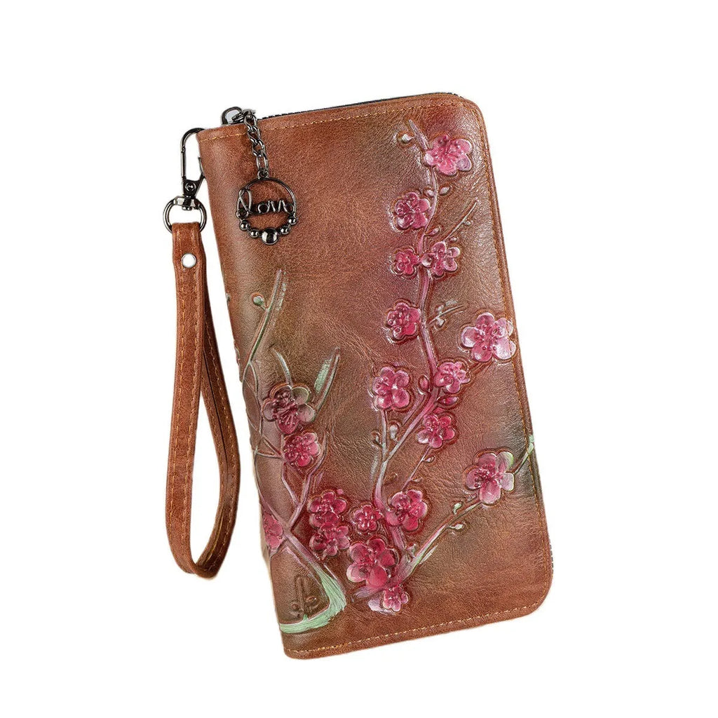 Chinese style handbag with embossed floral pattern in retro design with zipper closure
