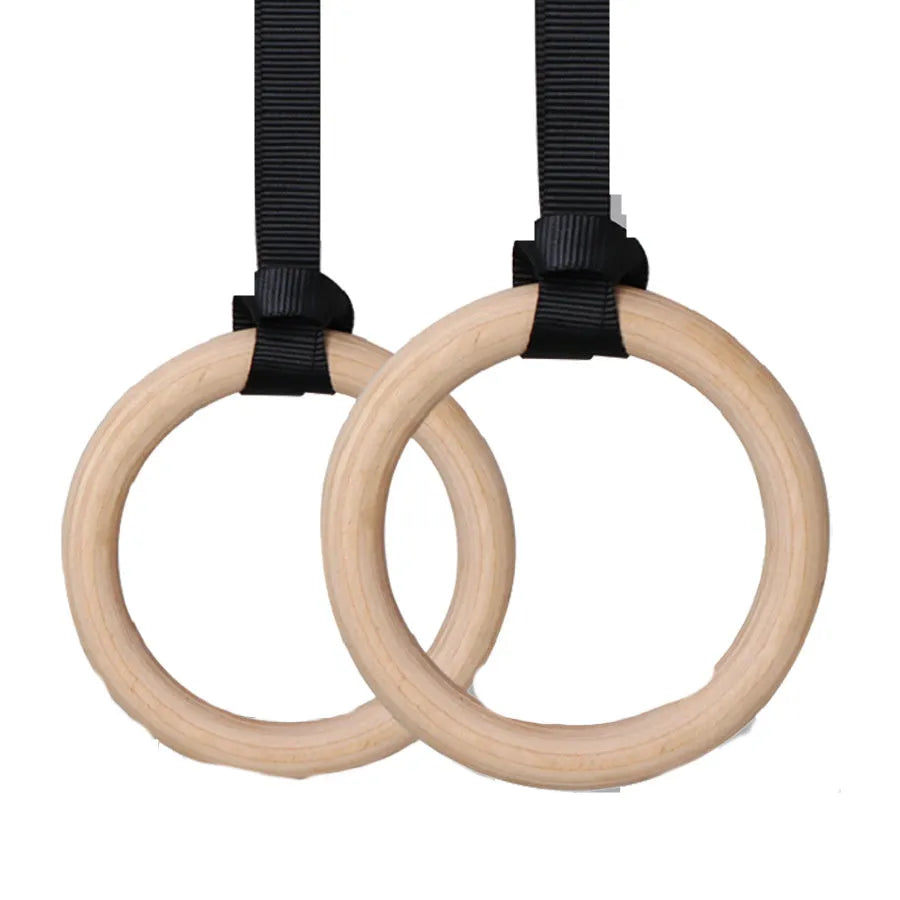 Fitness wooden ring suspension training belt set with birch rings and polyester webbing in wood colour