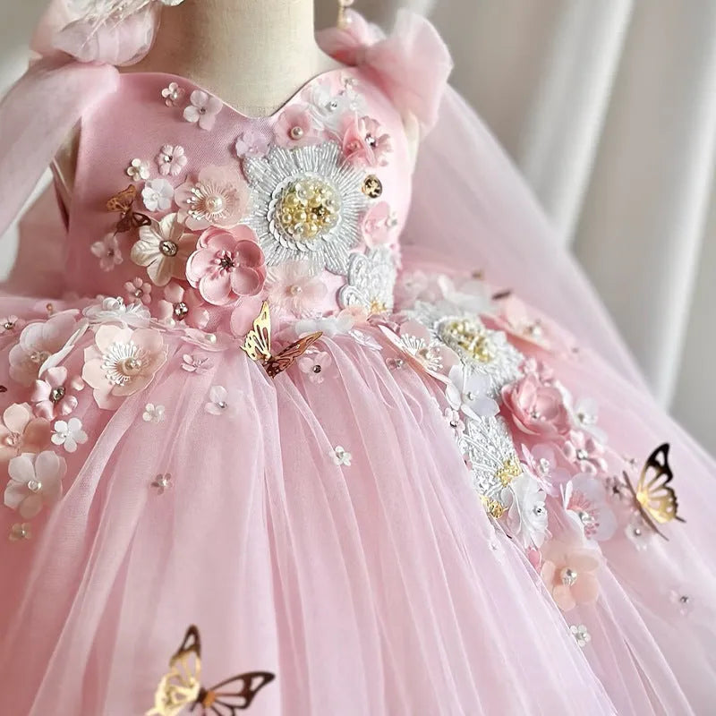 Children's mesh sleeveless vest host dress in pink with animal and flower pattern, princess style, cotton lining