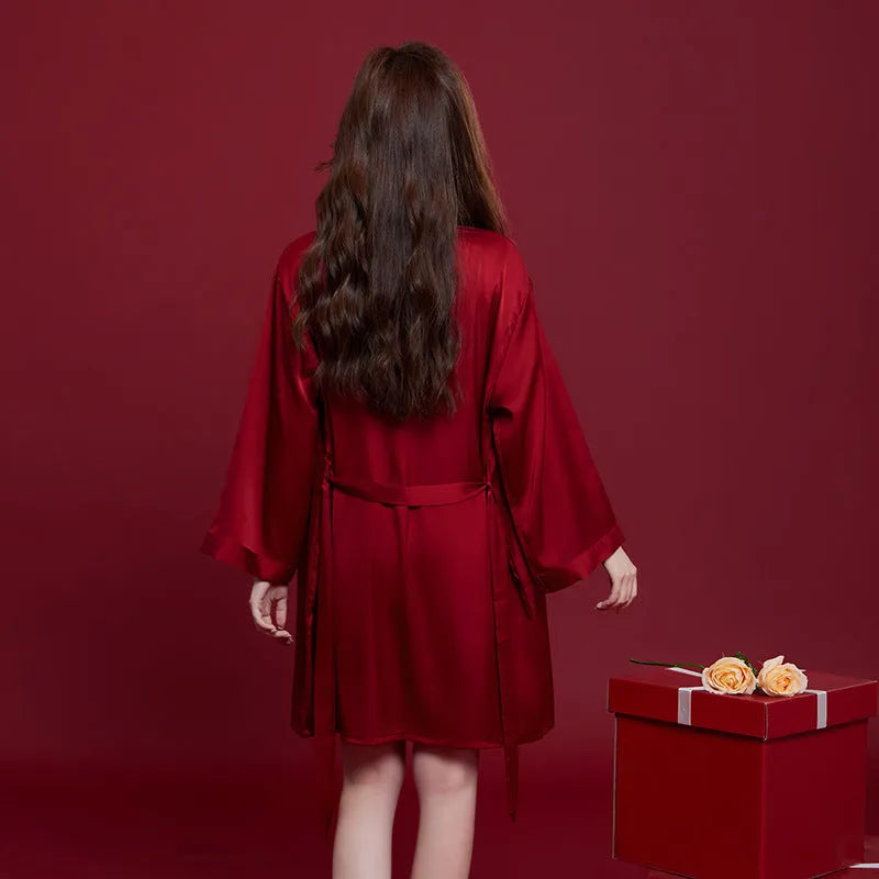 Red men's and women's matching sleepwear set with long sleeves and trousers for wedding and home wear