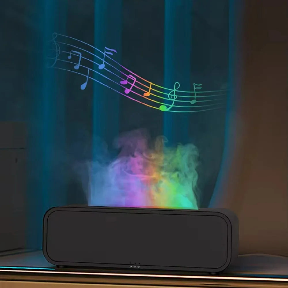 White aroma diffuser with colour-changing lights on a wooden table next to its remote control.