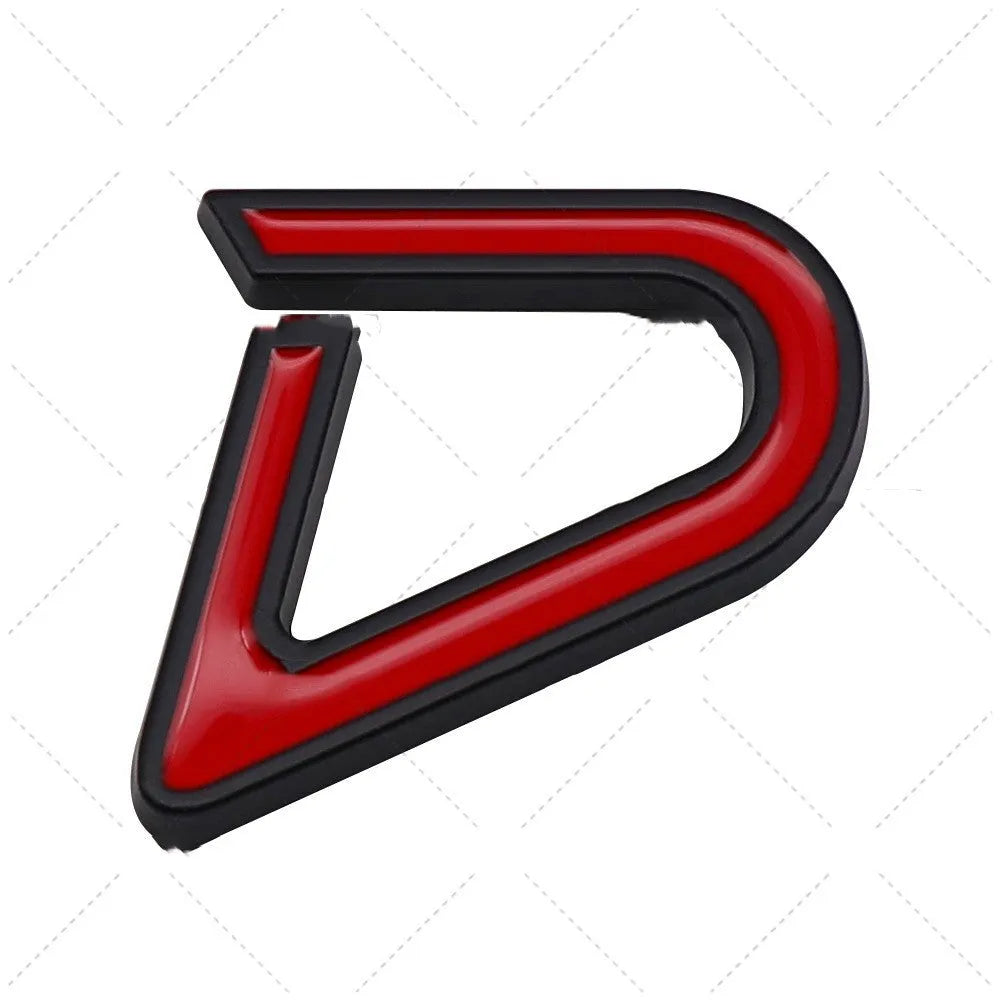 Metal decorative car sticker showing SD and D patterns in red and silver colour options on a white background.