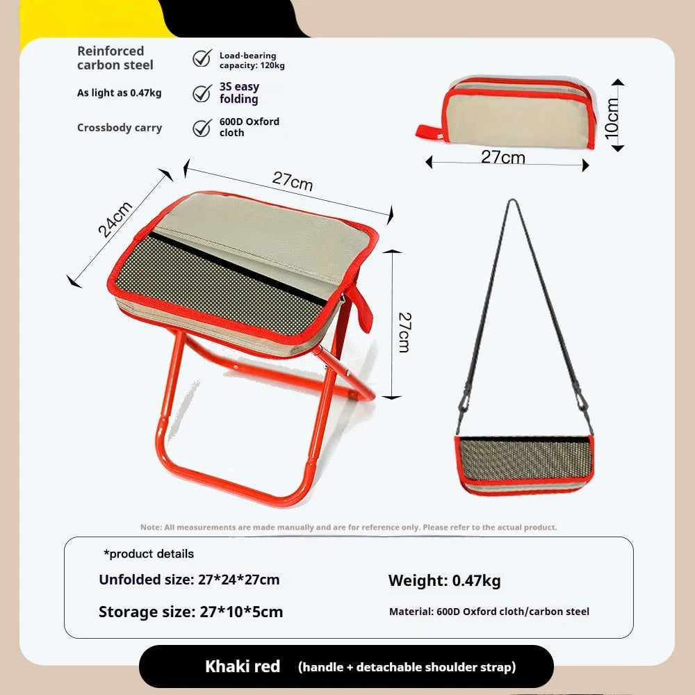 Lightweight foldable outdoor camp chair stool in oxford cloth, shown in khaki colour, folded and unfolded.