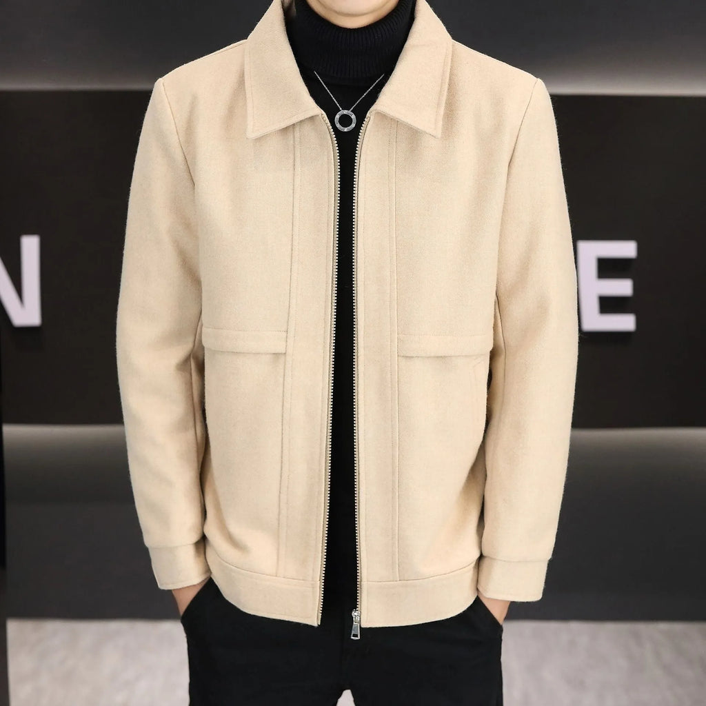 Men's khaki casual polo collar jacket with side seam pockets on a neutral background.