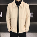 Men's khaki casual polo collar jacket with side seam pockets on a neutral background.