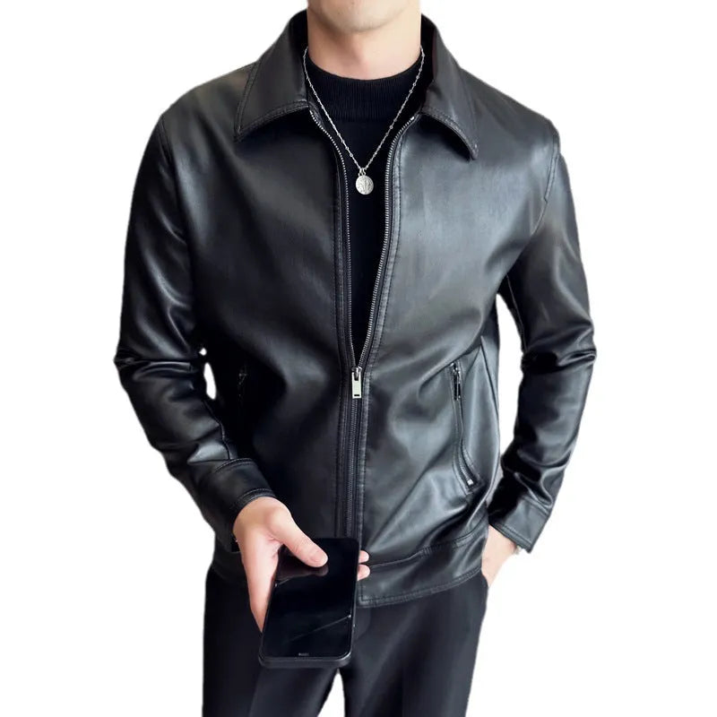 Men's black loose fit PU leather casual jacket with zip and pockets
