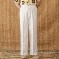 Women's high-waist linen trousers in greige colour with a straight-leg cut and elasticated waistband.