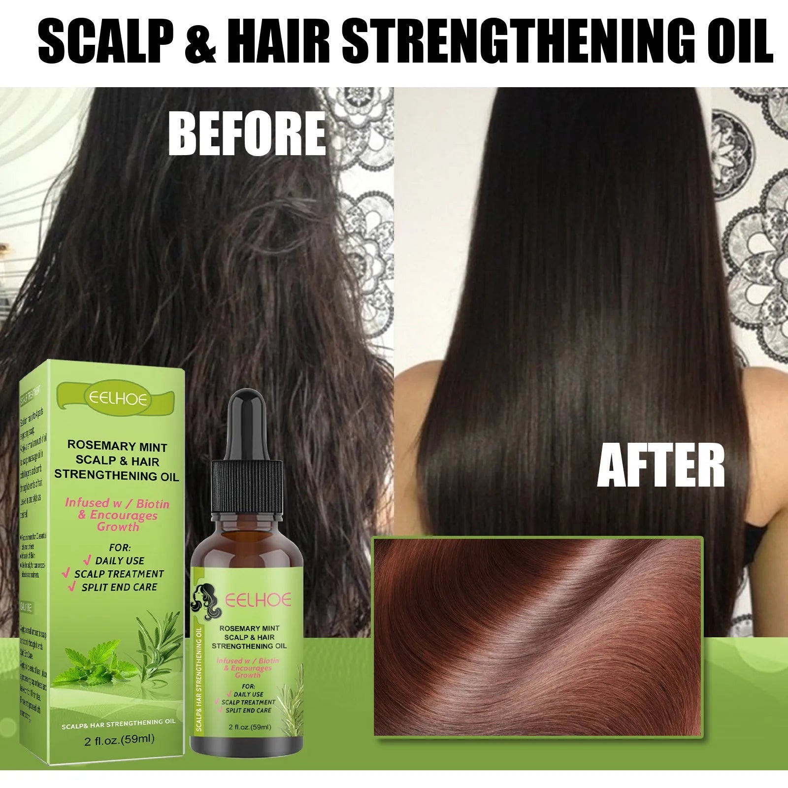59ml bottle of Rosemary Mint Hair Growth Fluid for scalp massage and hair repair.