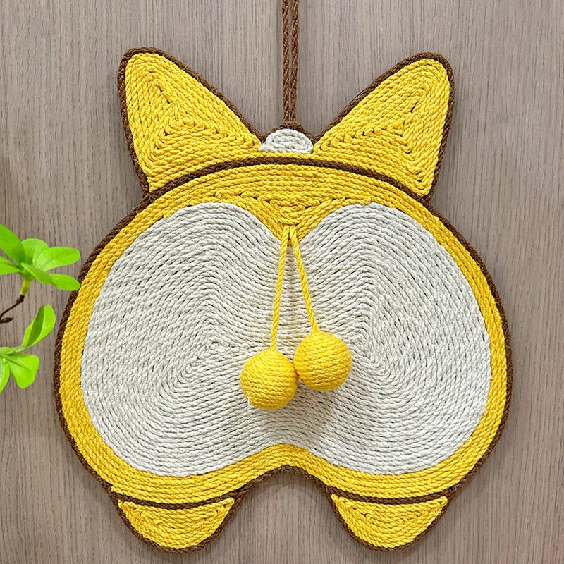 Yellow corgi butt design cat scratching pad made from natural sisal with anti-slip base