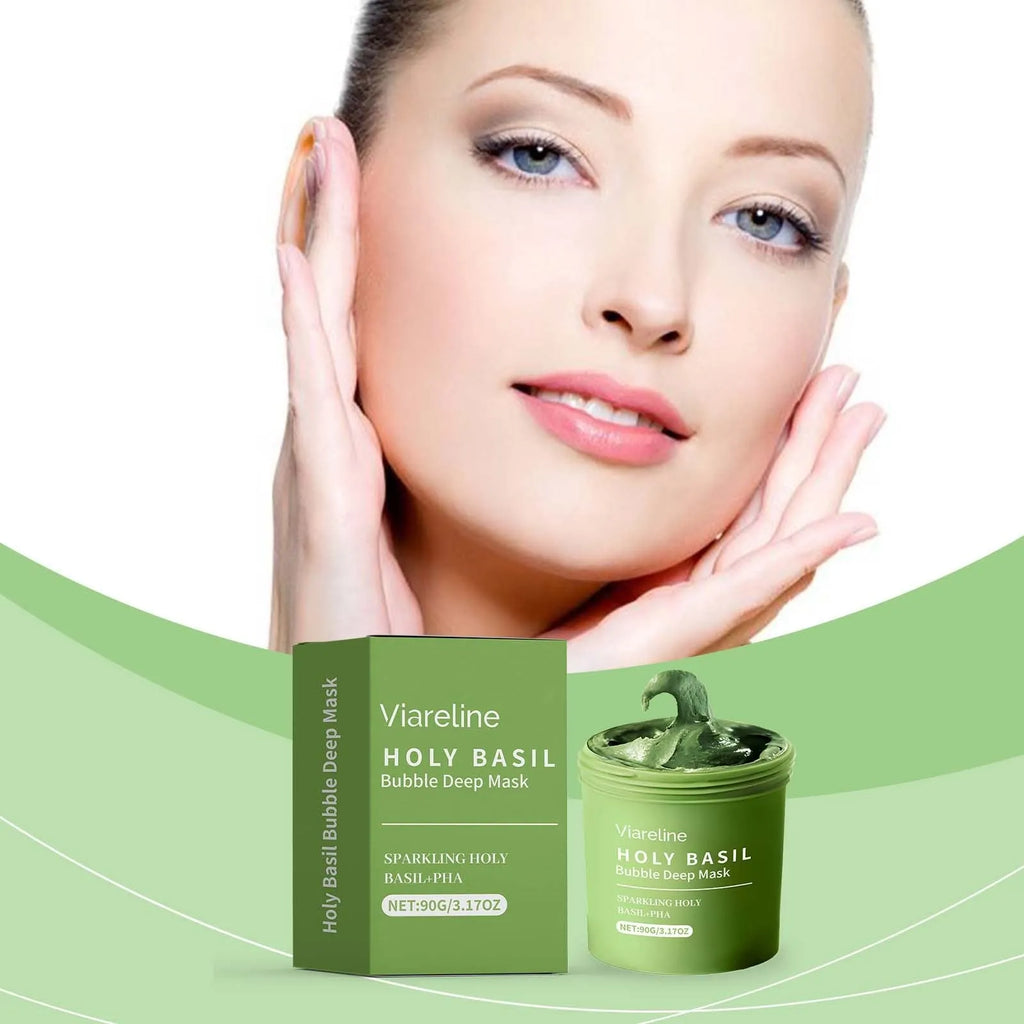 Holy Basil Bubble Deep Mask clay mask with acne patches and beauty instrument set on white background