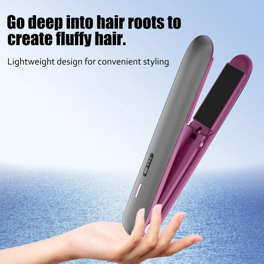 Moon shadow grey wireless hair straightener with tourmaline ceramic plates showing temperature control buttons
