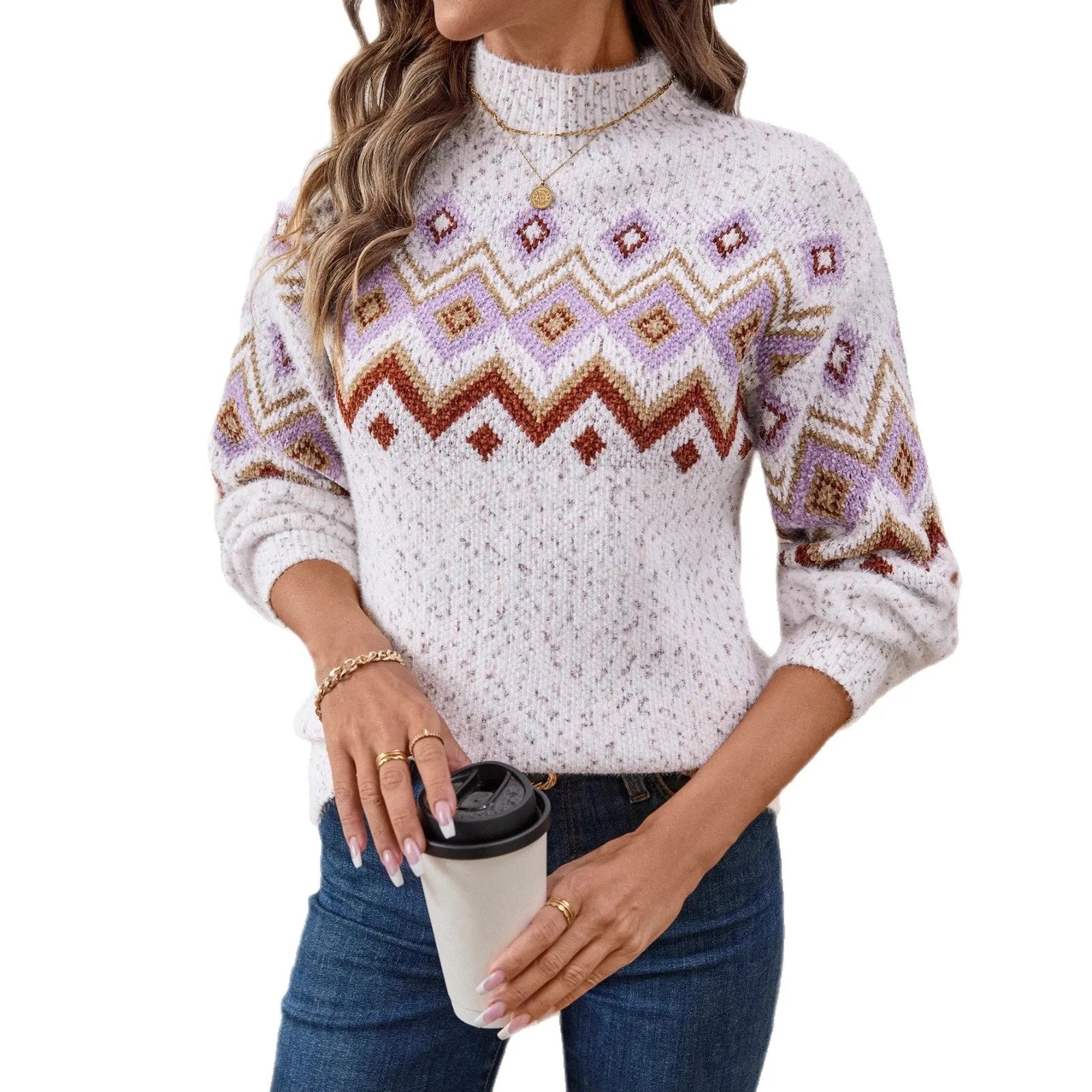 White women's geometric jacquard half turtleneck loose sweater with long sleeves.