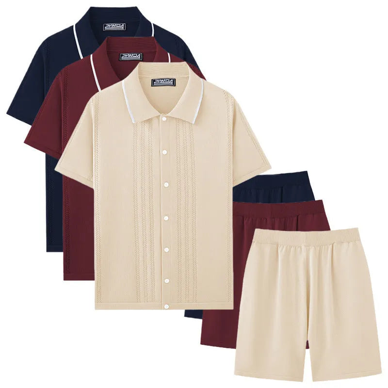 European and American business casual two-piece set in khaki, dark blue, black, light blue, grey, and wine red featuring short sleeve knit top and shorts.
