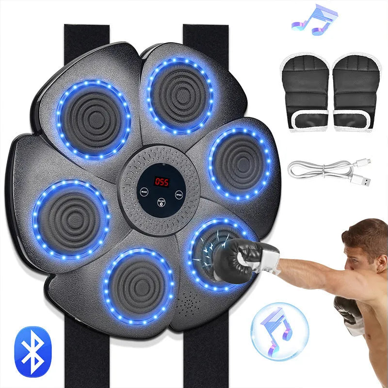 Black plastic boxing target with LED lights and Bluetooth connectivity for indoor training