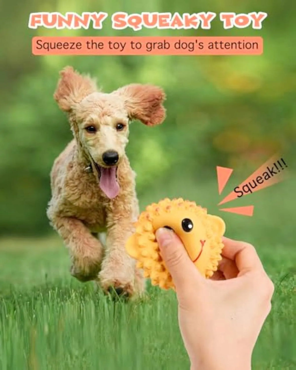 Orange and yellow spiky natural latex squeaky dog toy ball for small and medium breeds
