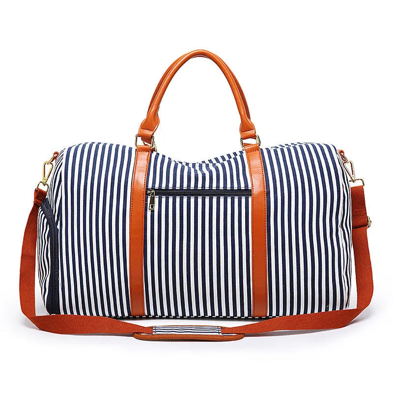 Large canvas striped contrast colour travel duffel bag with zipper closure and polyester lining