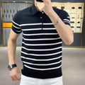 Striped lapel knitted t-shirt pullover in polyester blend available in black and white colours