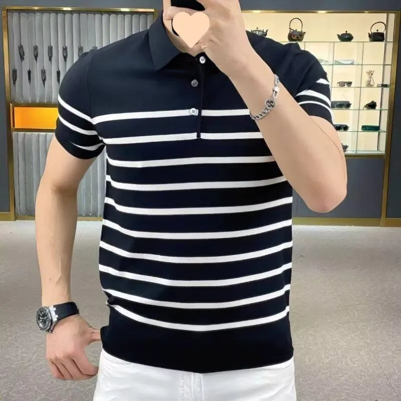 Striped lapel knitted t-shirt pullover in polyester blend available in black and white colours