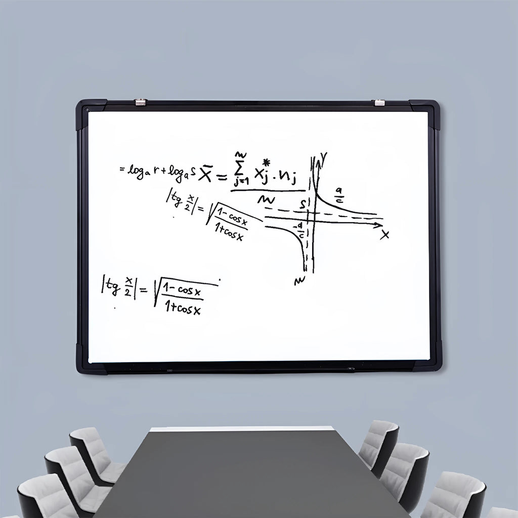 45x60cm hanging whiteboard with black frame, whiteboard pens, magnetic particles, eraser, and pen tray on a wall