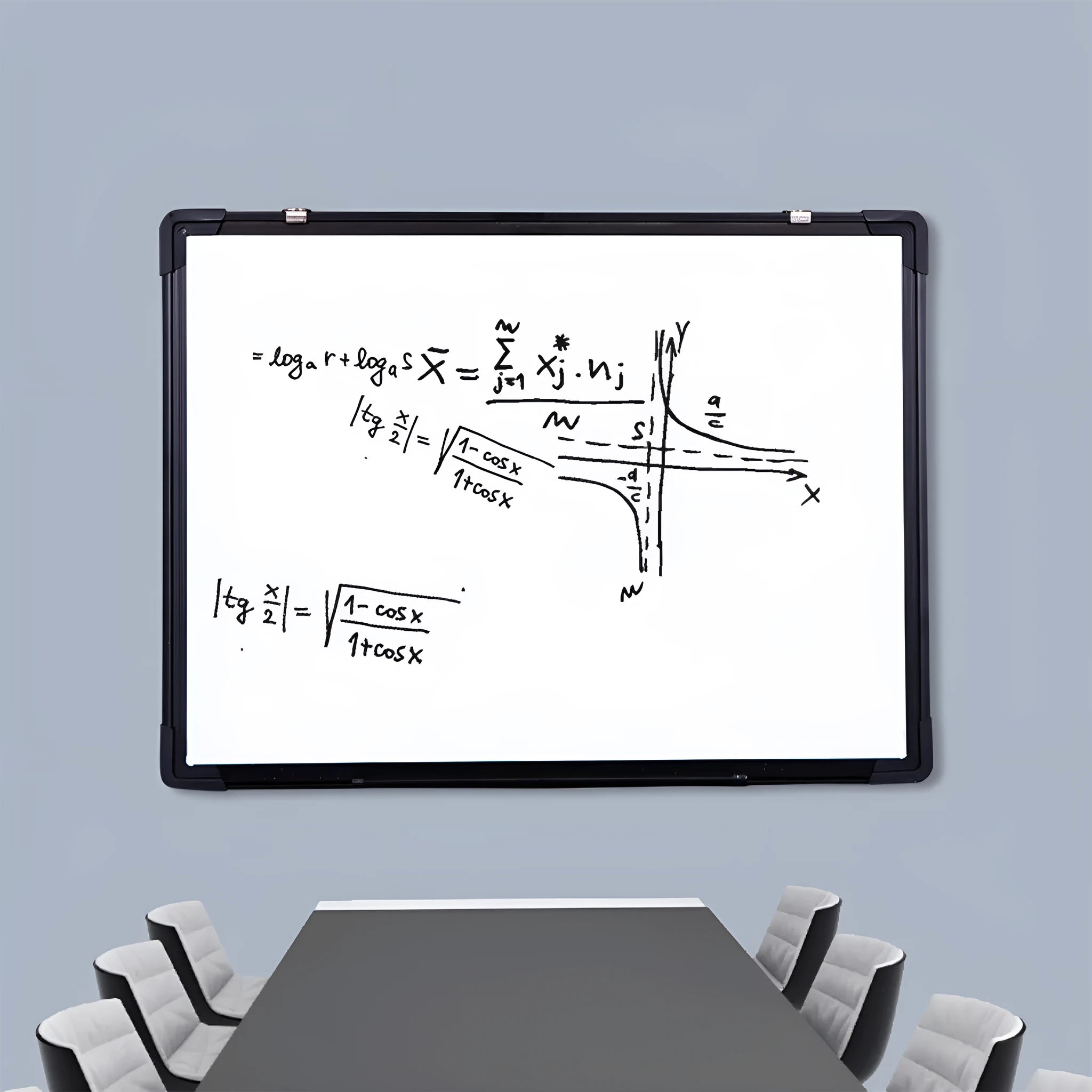 45x60cm hanging whiteboard with black frame, whiteboard pens, magnetic particles, eraser, and pen tray on a wall