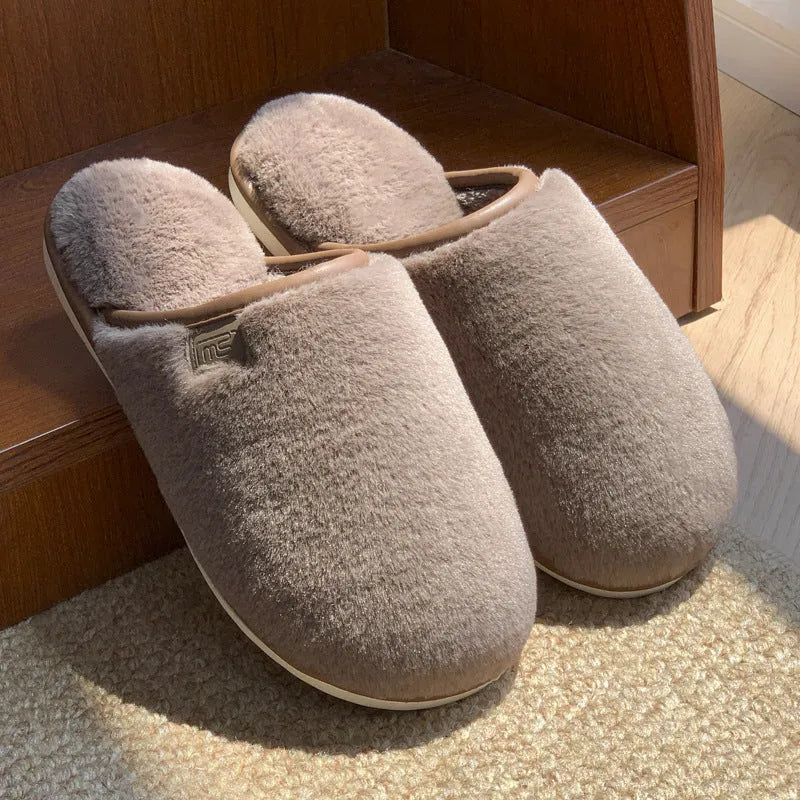 Solid colour plush winter slippers with non-slip PVC soles in blue, brown, coffee, pink or white